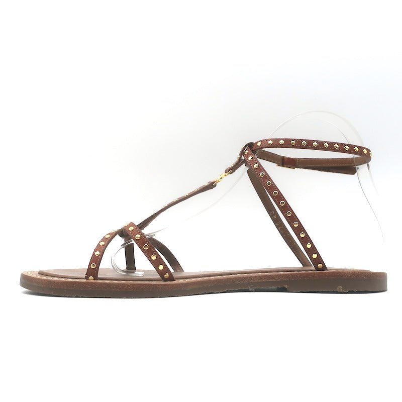 Celine Taillat Triomphe Studded T-Strap Sandals Brown Leather Size 40