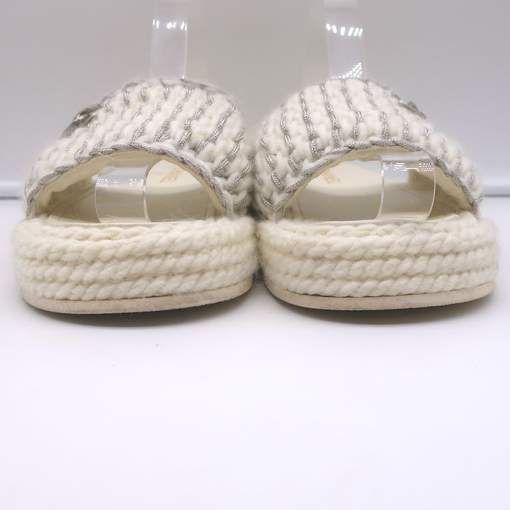 Chanel 22C Braided Knit Slides Cream/Silver Size 37C Flatform Sandals
