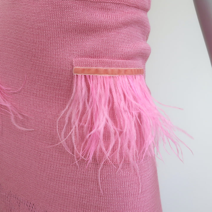 ANDREEVA Midi Skirt with Feathers Pink Floral Knit Size US 8 NEW