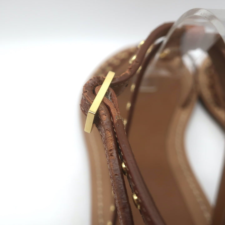 Celine Taillat Triomphe Studded T-Strap Sandals Brown Leather Size 40