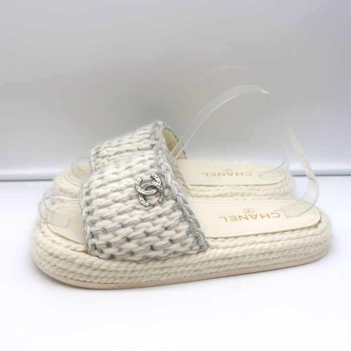 Chanel 22C Braided Knit Slides Cream/Silver Size 37C Flatform Sandals