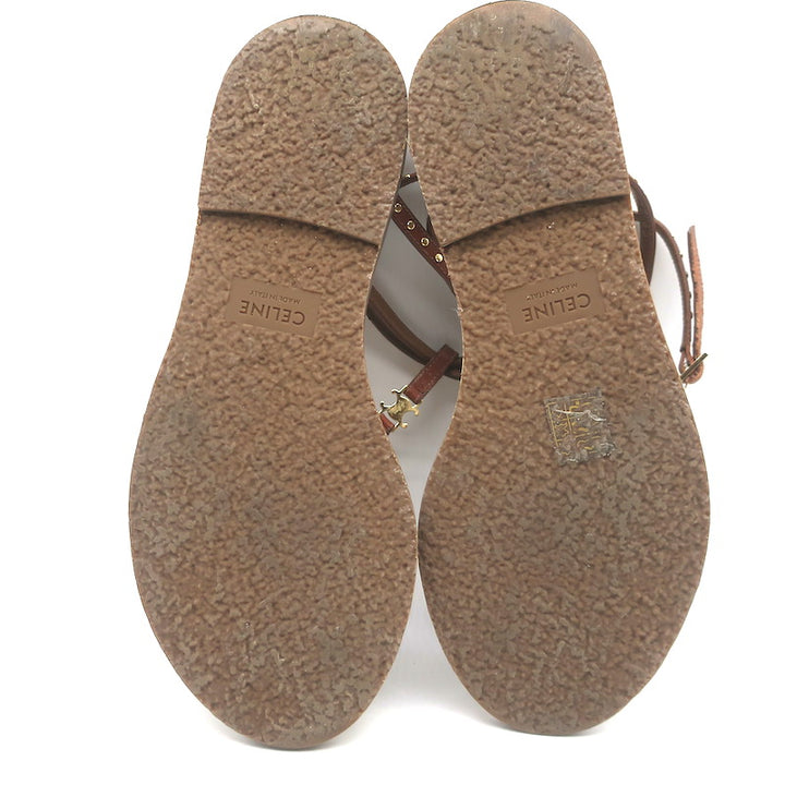 Celine Taillat Triomphe Studded T-Strap Sandals Brown Leather Size 40