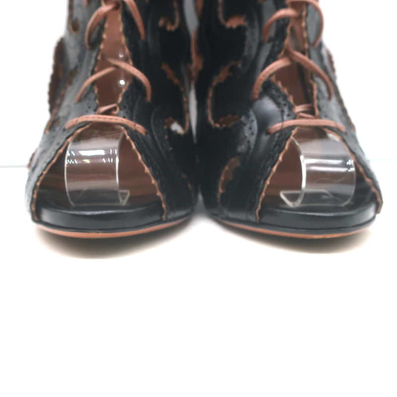 Alaia Cutout Lace-Up Open Toe Booties Black Scalloped Leather Size 38.5