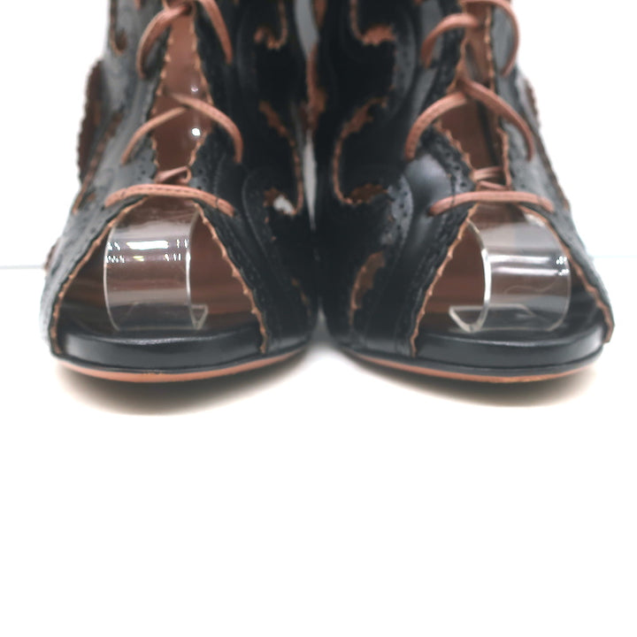 Alaia Cutout Lace-Up Open Toe Booties Black Scalloped Leather Size 38.5