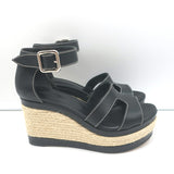 Hermes Ilana Espadrille Wedges Black Leather Size 37 Platform Sandals