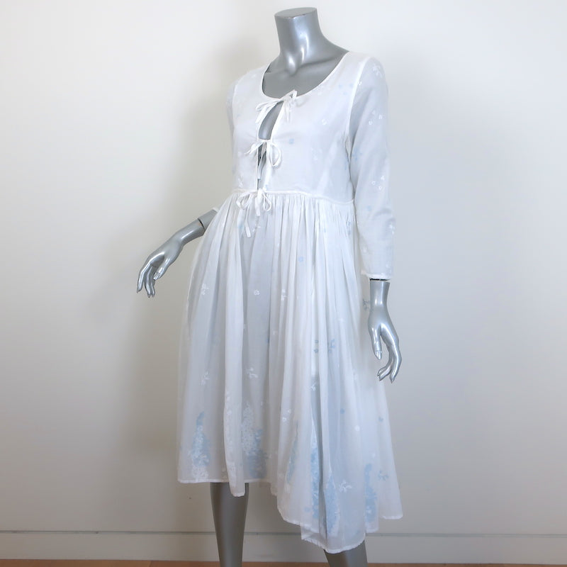 Thierry Colson Tie-Front Dress White Floral Print Cotton Size Medium