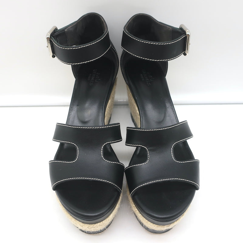 Hermes Ilana Espadrille Wedges Black Leather Size 37 Platform Sandals
