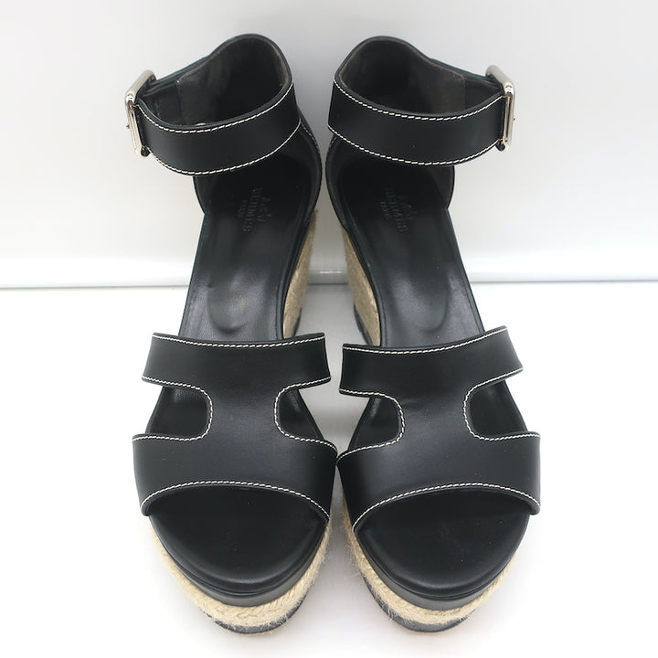 Hermes Ilana Espadrille Wedges Black Leather Size 37 Platform Sandals