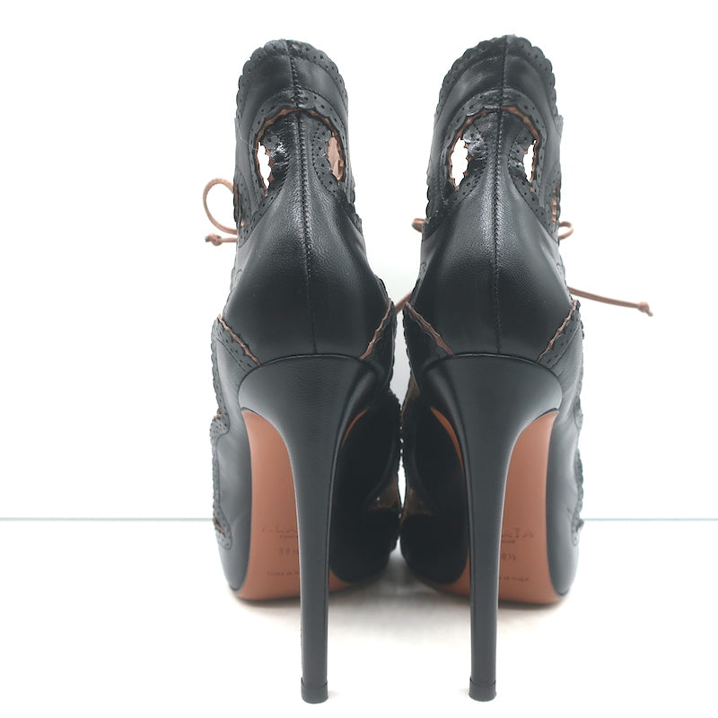 Alaia Cutout Lace-Up Open Toe Booties Black Scalloped Leather Size 38.5