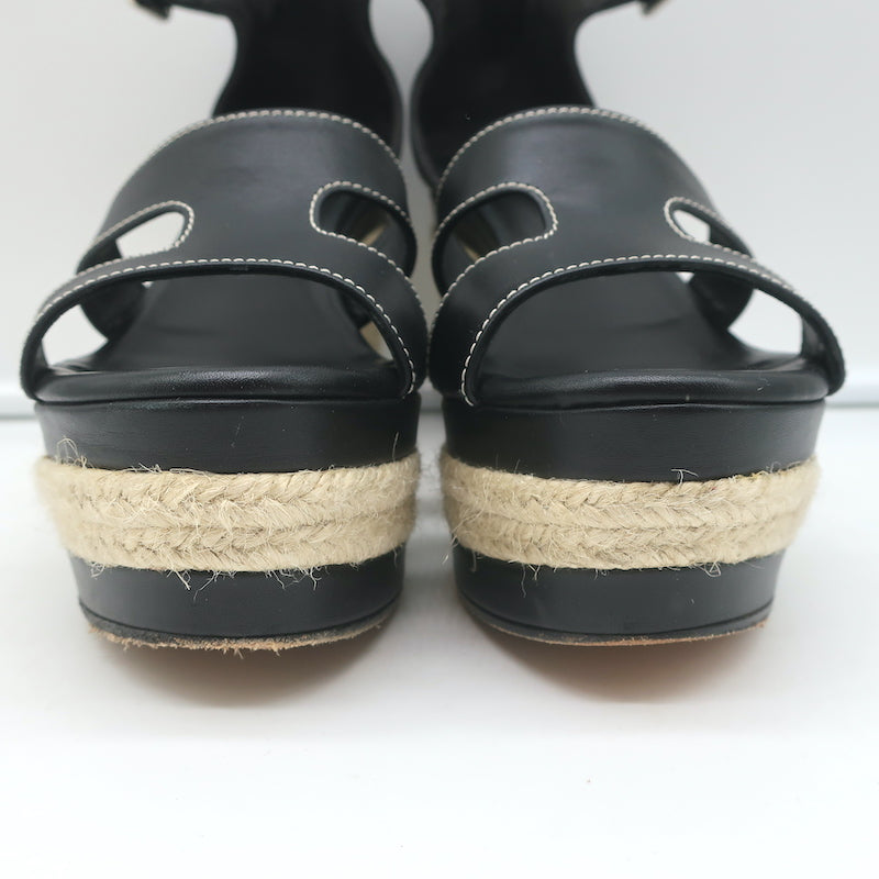 Hermes Ilana Espadrille Wedges Black Leather Size 37 Platform Sandals