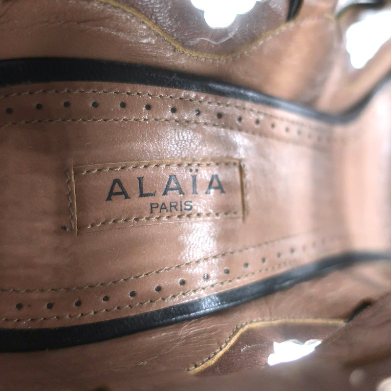 Alaia Cutout Lace-Up Open Toe Booties Black Scalloped Leather Size 38.5
