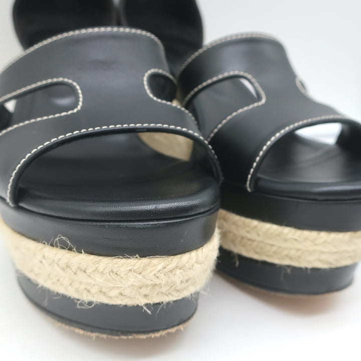 Hermes Ilana Espadrille Wedges Black Leather Size 37 Platform Sandals