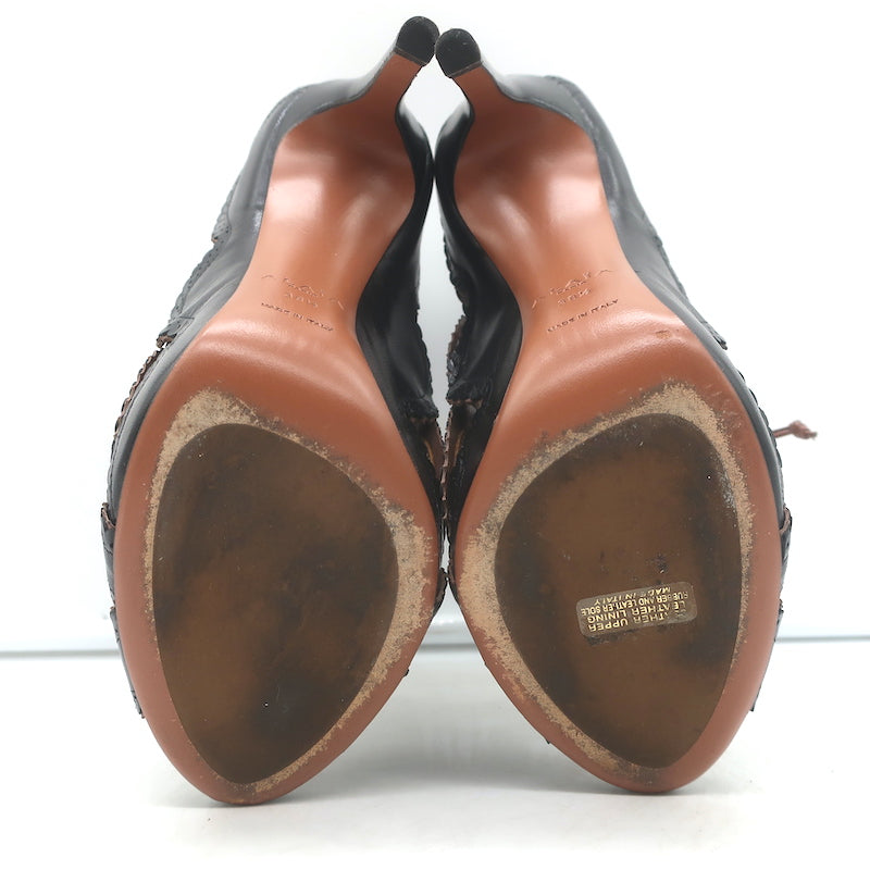 Alaia Cutout Lace-Up Open Toe Booties Black Scalloped Leather Size 38.5