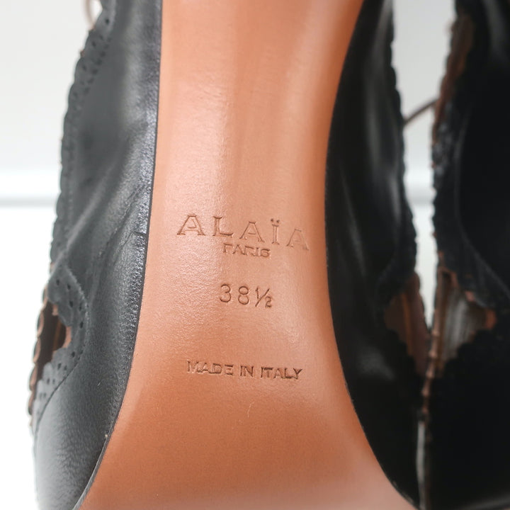 Alaia Cutout Lace-Up Open Toe Booties Black Scalloped Leather Size 38.5