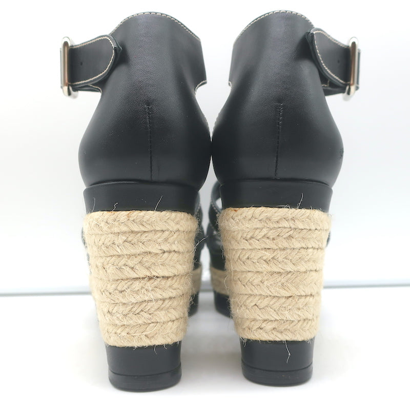 Hermes Ilana Espadrille Wedges Black Leather Size 37 Platform Sandals