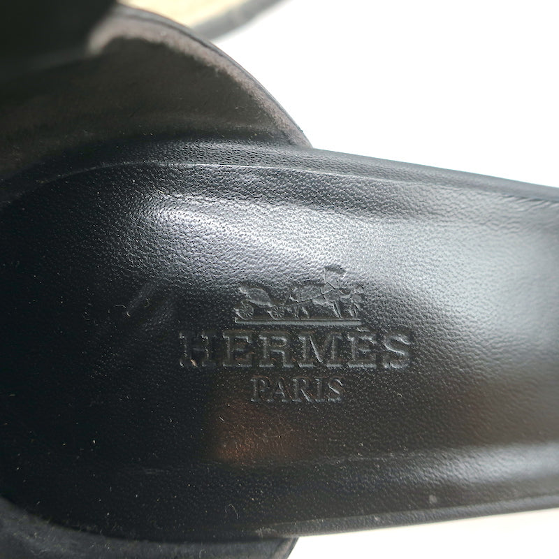 Hermes Ilana Espadrille Wedges Black Leather Size 37 Platform Sandals