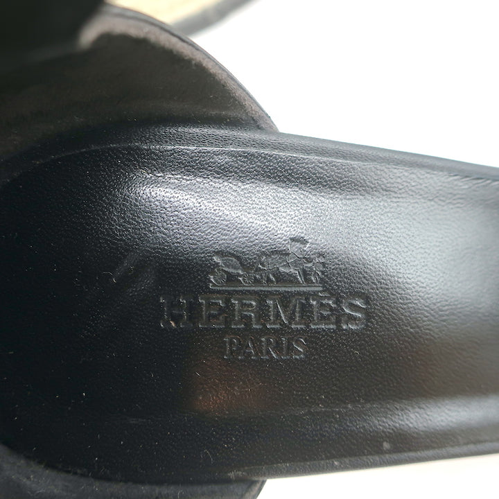 Hermes Ilana Espadrille Wedges Black Leather Size 37 Platform Sandals