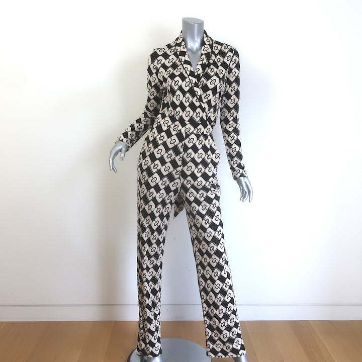 Diane von Furstenberg Halina Wrap Jumpsuit Black/Beige Printed Jersey Size 6