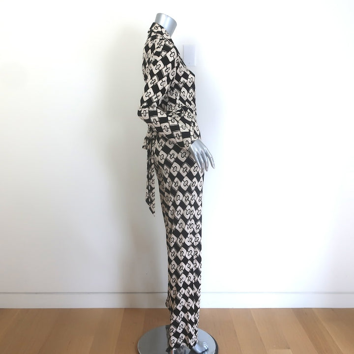 Diane von Furstenberg Halina Wrap Jumpsuit Black/Beige Printed Jersey Size 6
