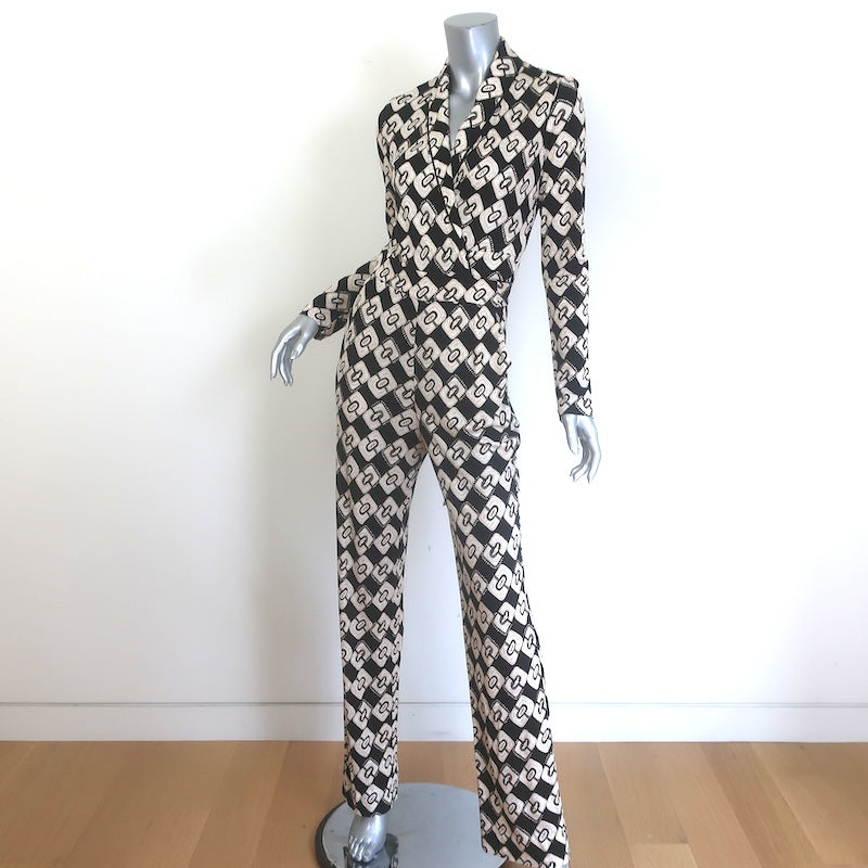 Diane von Furstenberg Halina Wrap Jumpsuit Black/Beige Printed Jersey Size 6