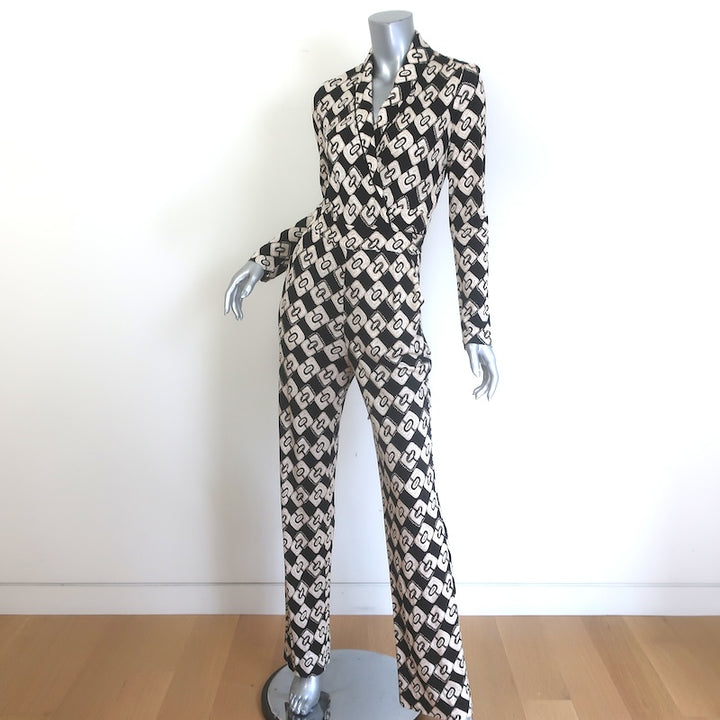 Diane von Furstenberg Halina Wrap Jumpsuit Black/Beige Printed Jersey Size 6
