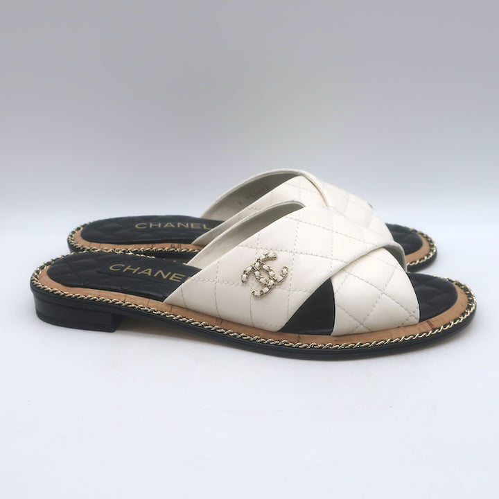 Chanel Chain CC Quilted Crisscross Slide Sandals Cream Lambskin Leather Size 39