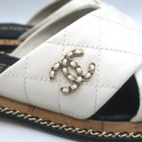 Chanel Chain CC Quilted Crisscross Slide Sandals Cream Lambskin Leather Size 39