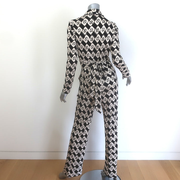 Diane von Furstenberg Halina Wrap Jumpsuit Black/Beige Printed Jersey Size 6