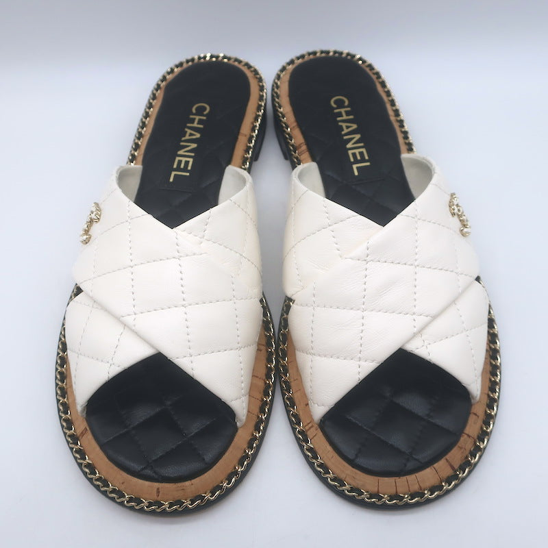 Chanel Chain CC Quilted Crisscross Slide Sandals Cream Lambskin Leather Size 39