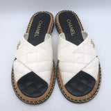 Chanel Chain CC Quilted Crisscross Slide Sandals Cream Lambskin Leather Size 39