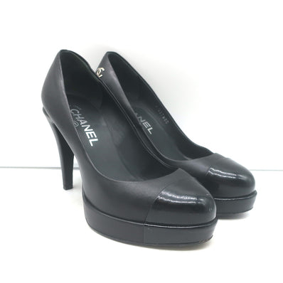 Chanel cap-toe platform pumps, black leather and patent, size 35.5 — authentic pre-owned designer heels