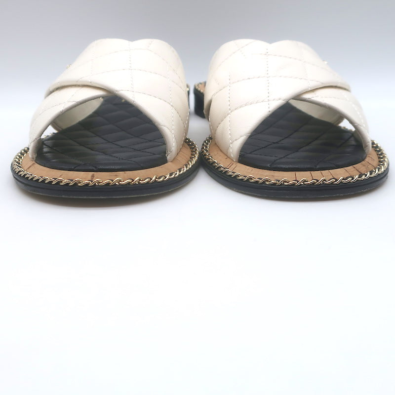 Chanel Chain CC Quilted Crisscross Slide Sandals Cream Lambskin Leather Size 39