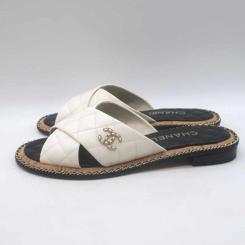 Chanel Chain CC Quilted Crisscross Slide Sandals Cream Lambskin Leather Size 39