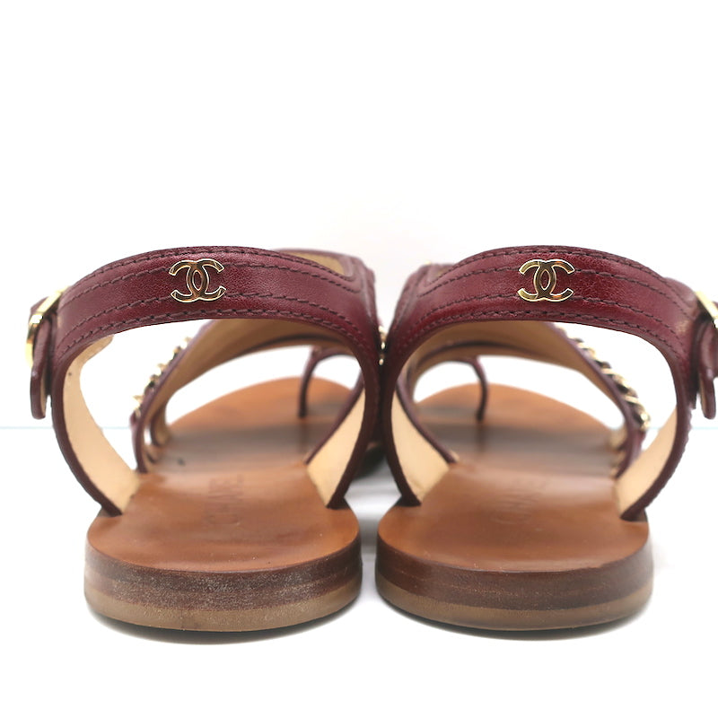 Chanel Chain-Embellished Toe Ring Sandals Red Leather Size 37 Ankle Strap Flats