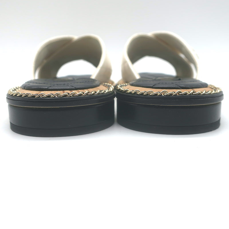 Chanel Chain CC Quilted Crisscross Slide Sandals Cream Lambskin Leather Size 39