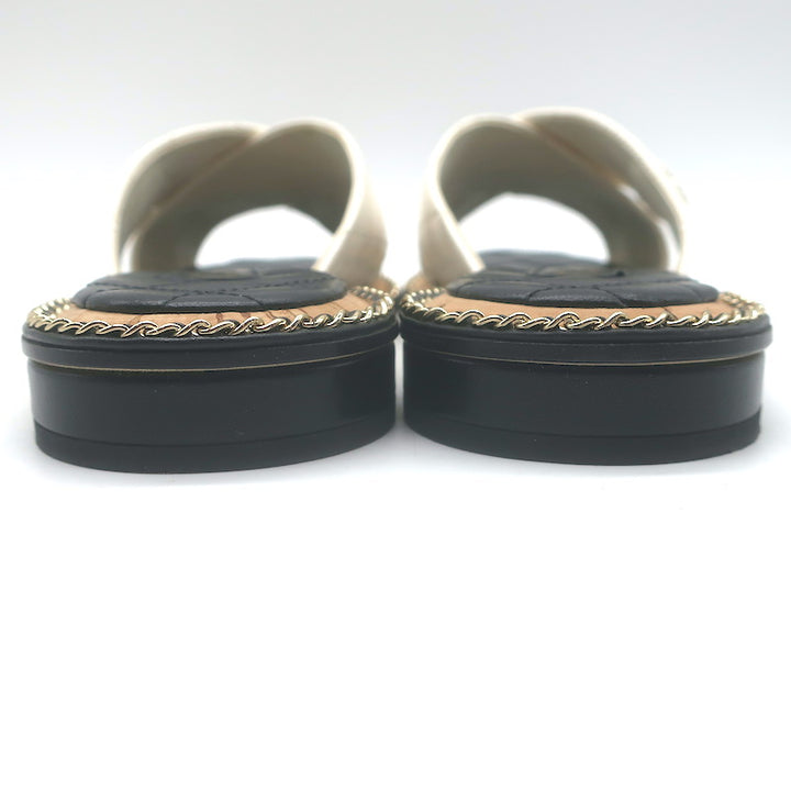 Chanel Chain CC Quilted Crisscross Slide Sandals Cream Lambskin Leather Size 39