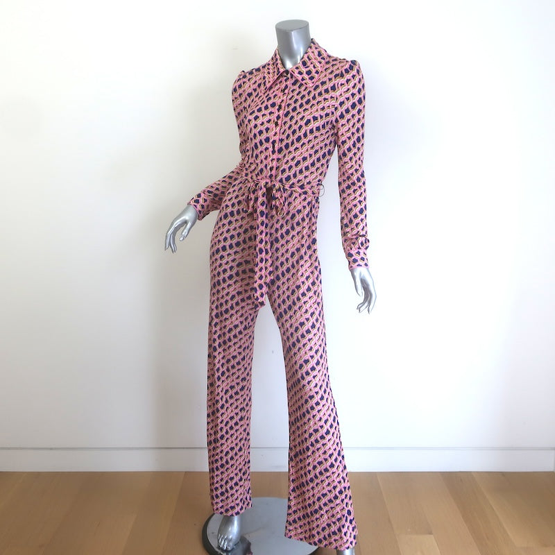 Diane von Furstenberg Milly Belted Jumpsuit Pink Printed Crepe Jersey Size Small