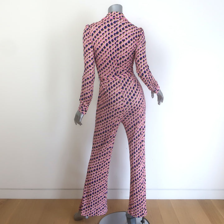 Diane von Furstenberg Milly Belted Jumpsuit Pink Printed Crepe Jersey Size Small