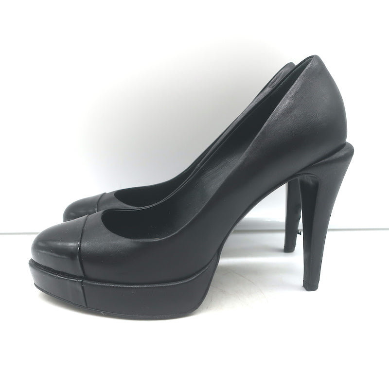 Chanel cap-toe platform pumps, black leather &amp; patent, authentic pre-owned luxury designer heels, size 35.5