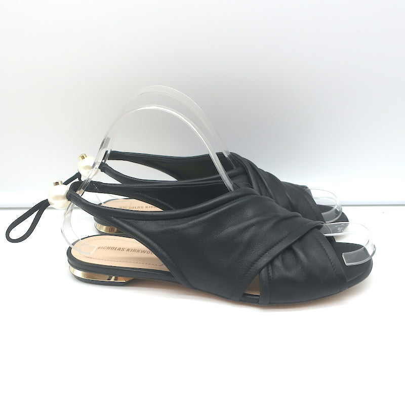 Nicholas Kirkwood Delfi Faux Pearl Slingback Sandals Black Leather Size 37