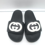 Gucci Interlocking GG Pursuit Pool Slides Black Leather Size 37 Flat Sandals