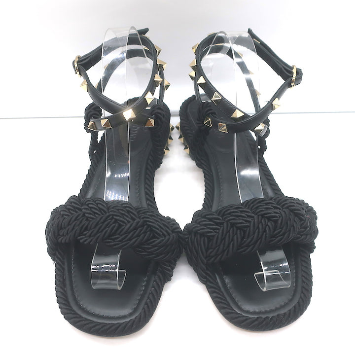 Valentino Rockstud Braided Ankle Strap Sandals Black Leather &amp; Satin Size 40