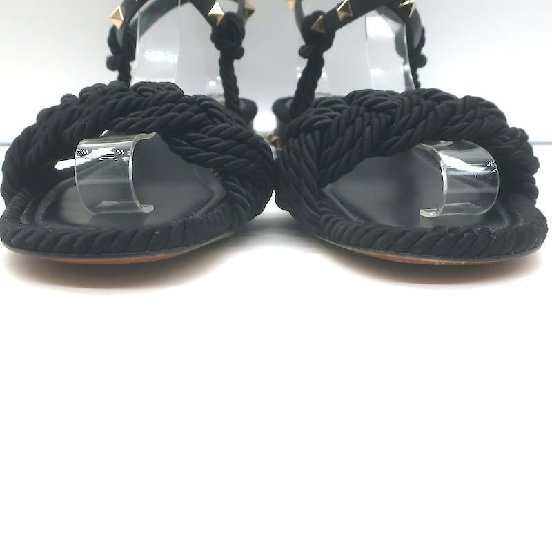 Valentino Rockstud Braided Ankle Strap Sandals Black Leather &amp; Satin Size 40