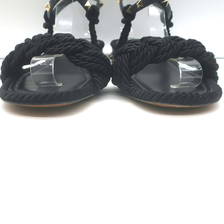 Valentino Rockstud Braided Ankle Strap Sandals Black Leather &amp; Satin Size 40