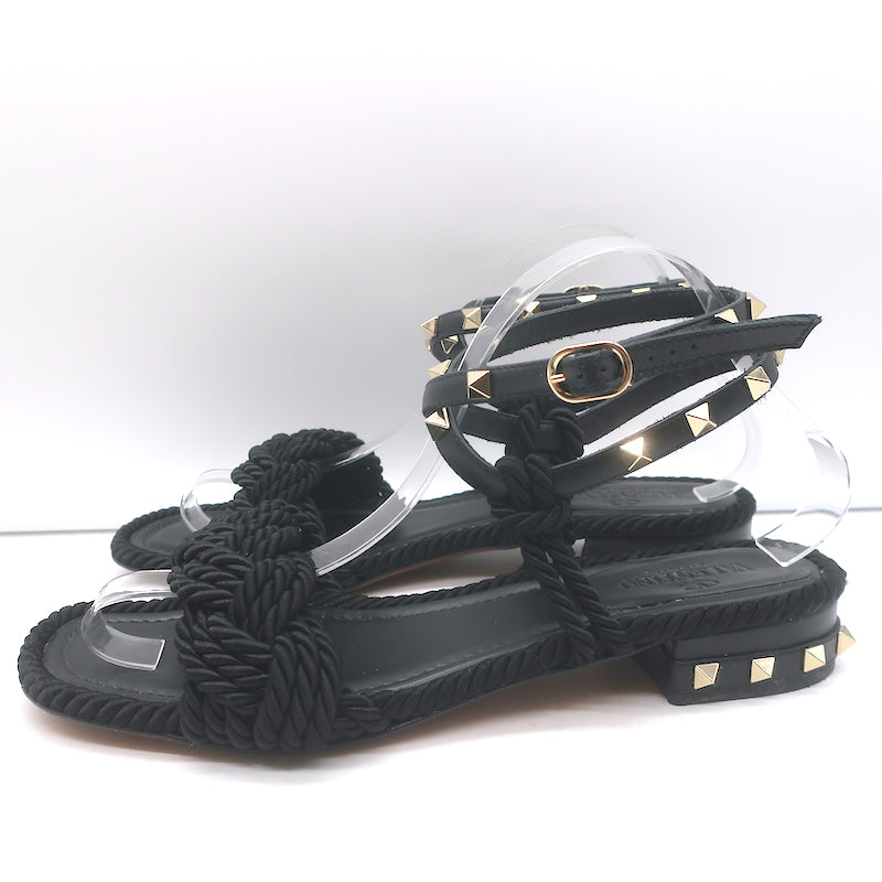Valentino Rockstud Braided Ankle Strap Sandals Black Leather &amp; Satin Size 40