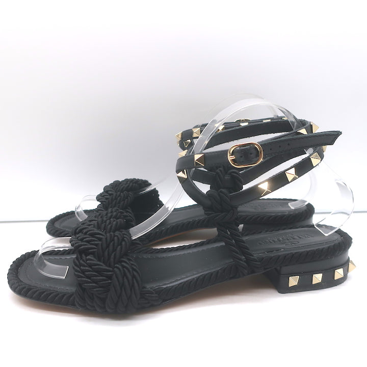 Valentino Rockstud Braided Ankle Strap Sandals Black Leather &amp; Satin Size 40