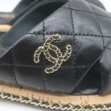 Chanel Chain CC Quilted Crisscross Slide Sandals Black Lambskin Leather Size 39