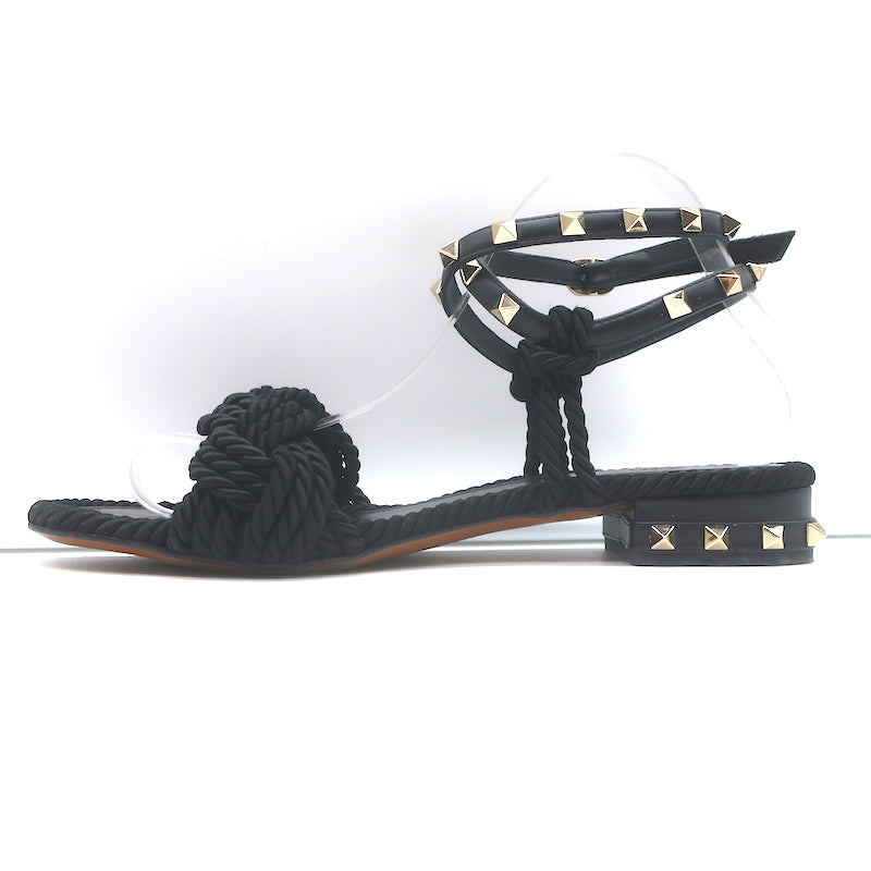 Valentino Rockstud Braided Ankle Strap Sandals Black Leather &amp; Satin Size 40