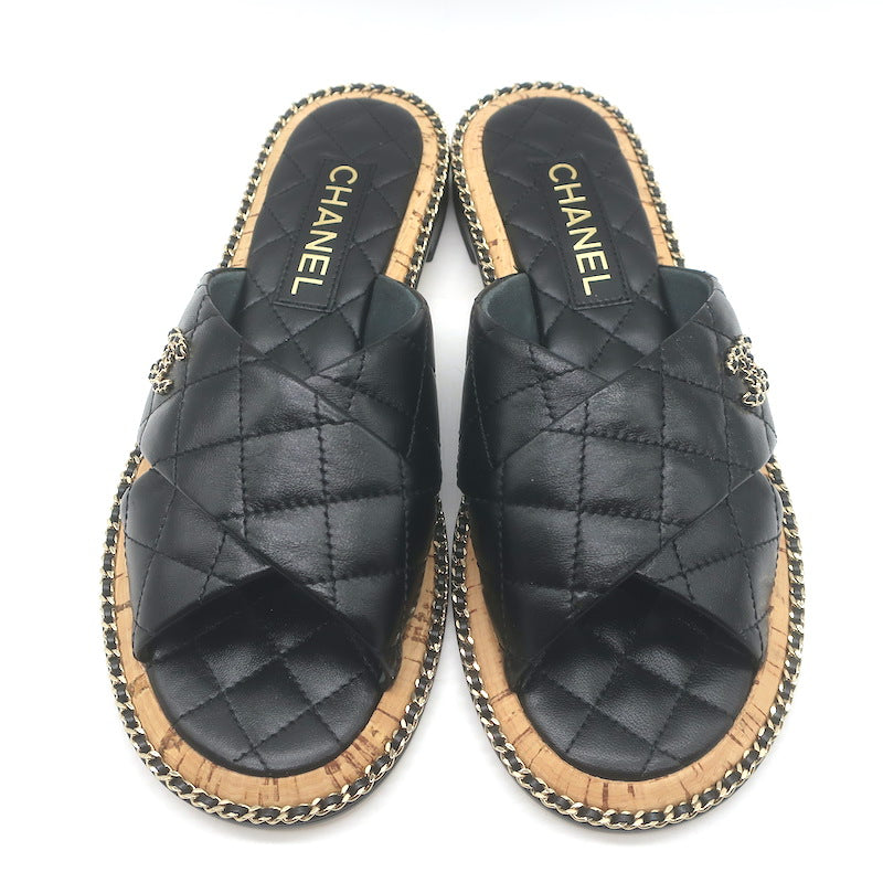Chanel Chain CC Quilted Crisscross Slide Sandals Black Lambskin Leather Size 39