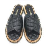 Chanel Chain CC Quilted Crisscross Slide Sandals Black Lambskin Leather Size 39